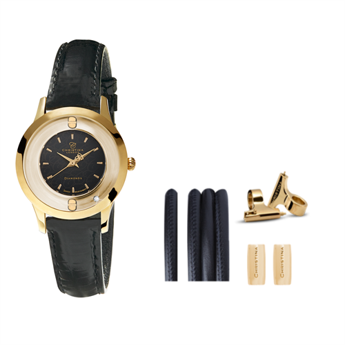 Collect ur med sort skive + Watch Cord Set 32 mm- Guldfarvet Kampange
